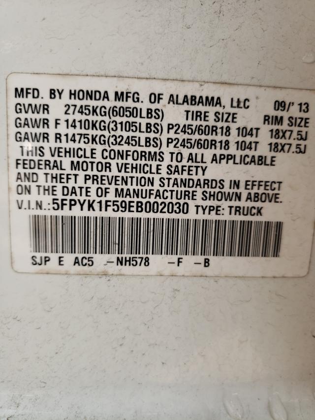 2014 HONDA RIDGELINE 5FPYK1F59EB002030