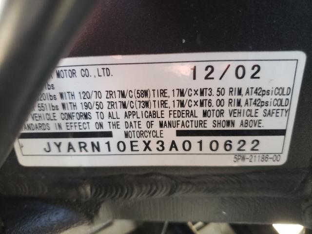 2003 YAMAHA YZFR1 JYARN10EX3A010622