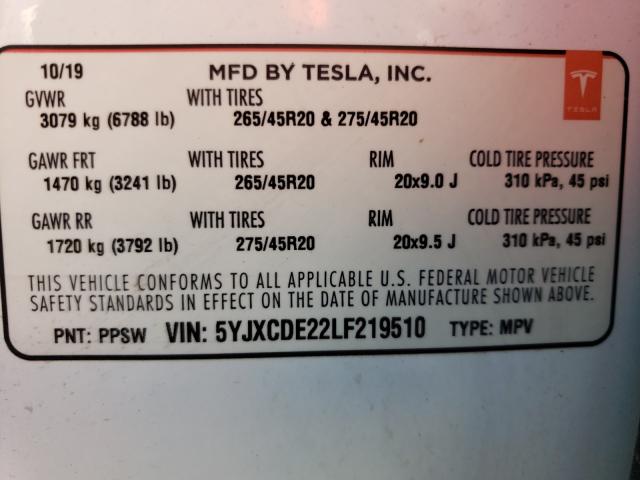 2020 TESLA MODEL X 5YJXCDE22LF219510