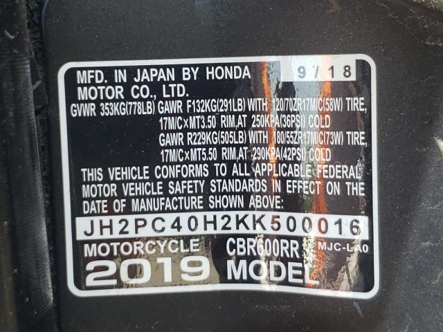 2019 HONDA CBR600RR JH2PC40H2KK500016