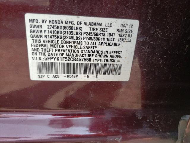 2012 HONDA RIDGELINE 5FPYK1F52CB457556