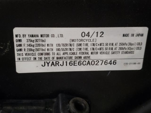 2012 YAMAHA YZFR6 JYARJ16E6CA027646