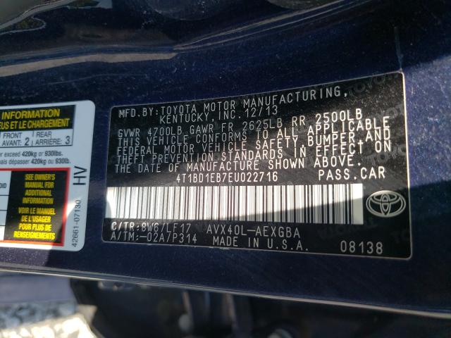 2014 TOYOTA AVALON HYB 4T1BD1EB7EU022716