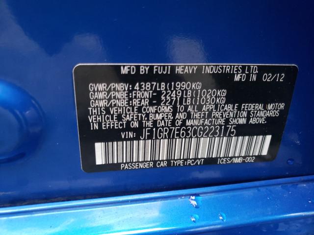 2012 SUBARU IMPREZA WR JF1GR7E63CG223175