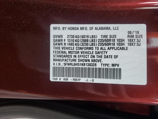 2019 HONDA ODYSSEY 5FNRL6H51KB138328
