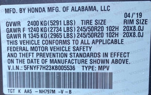 2019 HONDA PASSPORT S 5FNYF7H23KB005536