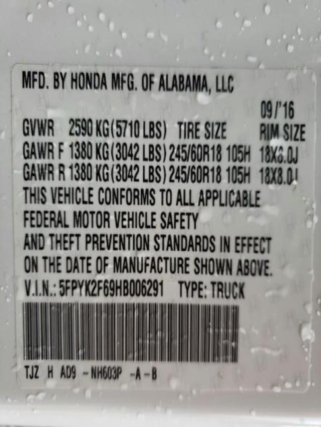 2017 HONDA RIDGELINE 5FPYK2F69HB006291