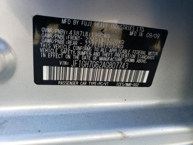 2010 SUBARU IMPREZA WR JF1GH7G62AG807743