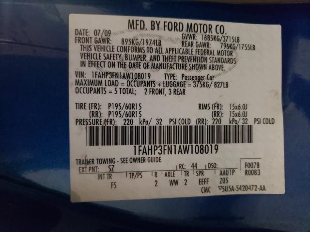 1FAHP3FN1AW108019 Ford Focus Se 2010. Фото: 9