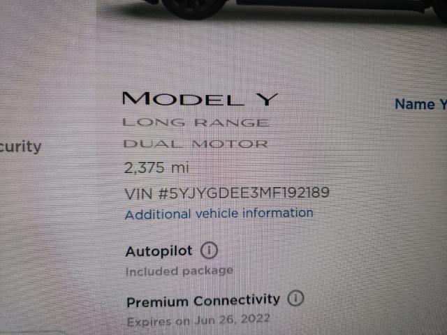 2021 TESLA MODEL Y 5YJYGDEE3MF192189