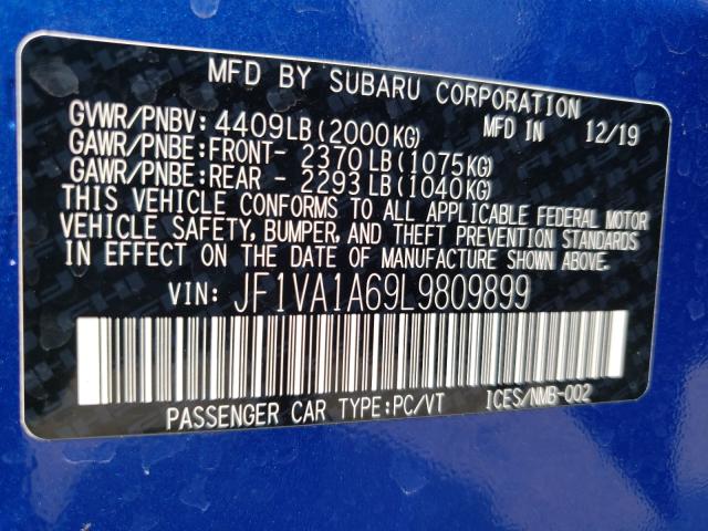 2020 SUBARU WRX JF1VA1A69L9809899
