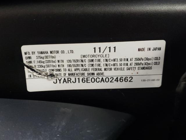 2012 YAMAHA YZFR6 JYARJ16E0CA024662