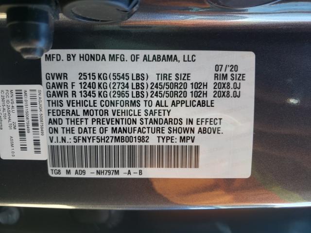 2021 HONDA PILOT SE 5FNYF5H27MB001982