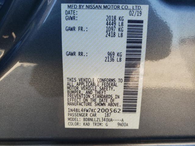 2019 NISSAN ALTIMA PLA 1N4BL4FW7KC200562