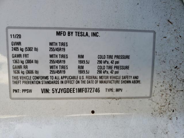 2021 TESLA MODEL Y 5YJYGDEE1MF072746