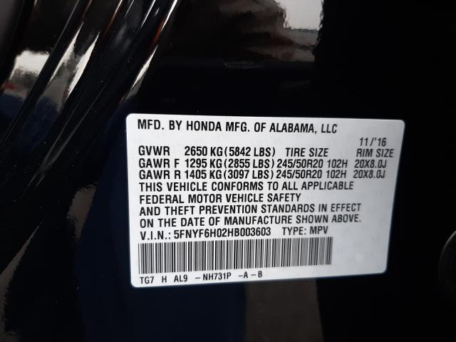 2017 HONDA PILOT ELIT 5FNYF6H02HB003603