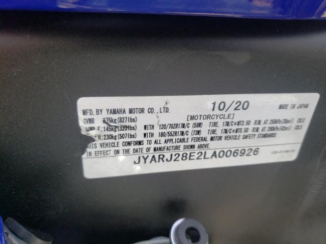2020 YAMAHA YZFR6 JYARJ28E2LA006926