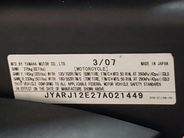 2007 YAMAHA R6 JYARJ12E27A021449