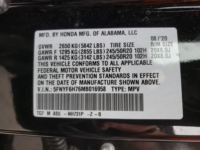 2021 HONDA PILOT BLAC 5FNYF6H76MB016958
