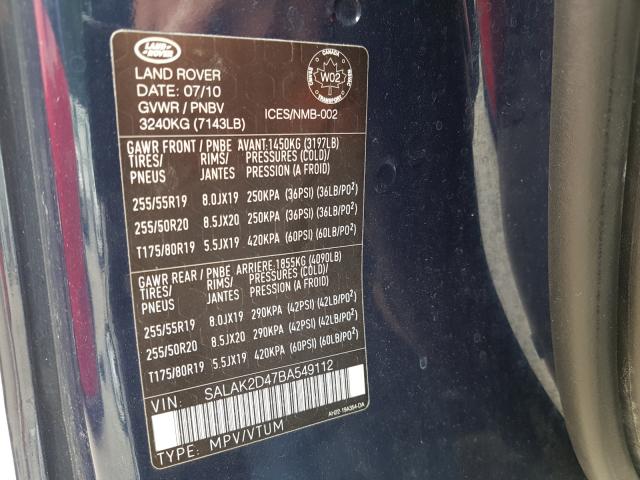 2011 LAND ROVER LR4 HSE LU SALAK2D47BA549112