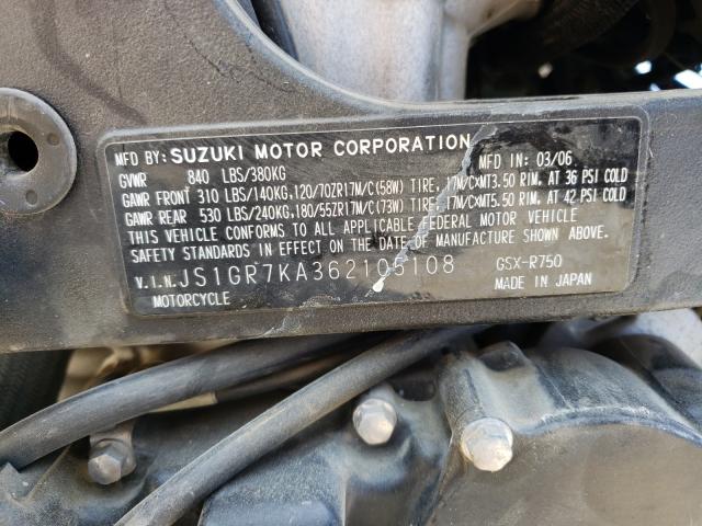 2006 SUZUKI GSX-R750 K JS1GR7KA362105108
