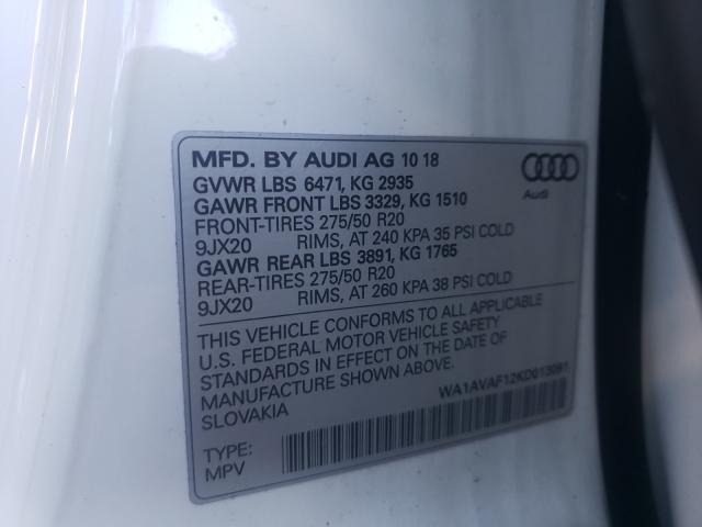 2019 AUDI Q8 PREMIUM WA1AVAF12KD013091