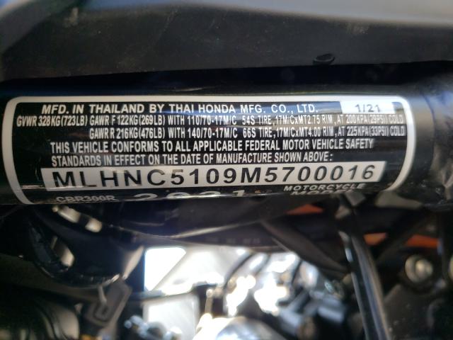 2021 HONDA CBR300 R MLHNC5109M5700016