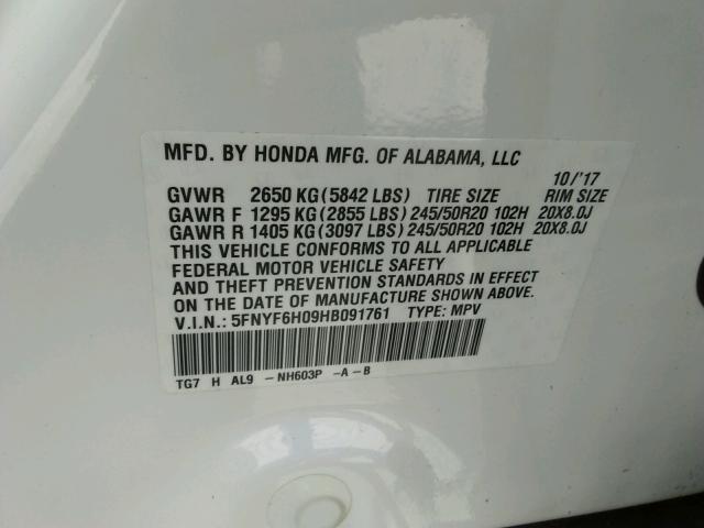2017 HONDA PILOT ELIT 5FNYF6H09HB091761
