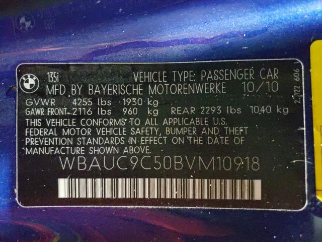 2011 BMW 135 I WBAUC9C50BVM10918