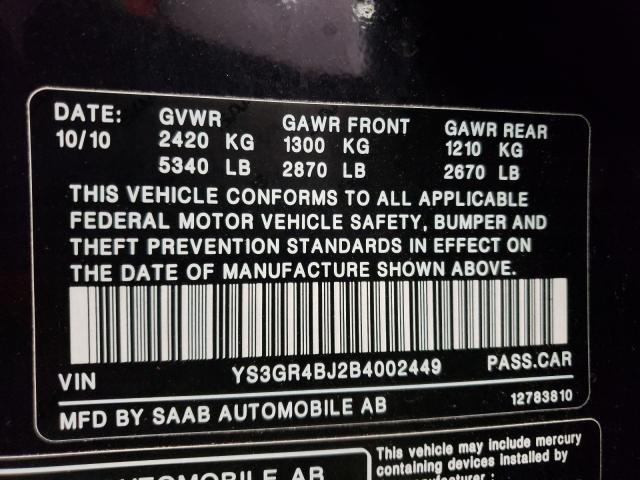 2011 SAAB 9-5 AERO YS3GR4BJ2B4002449