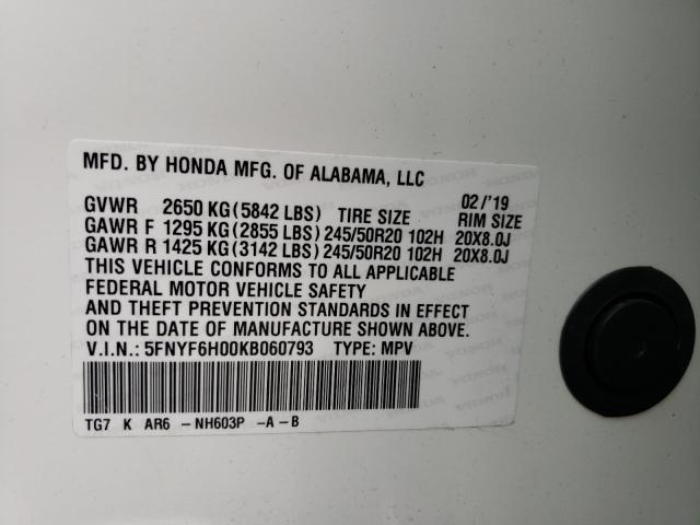 2019 HONDA PILOT ELIT 5FNYF6H00KB060793