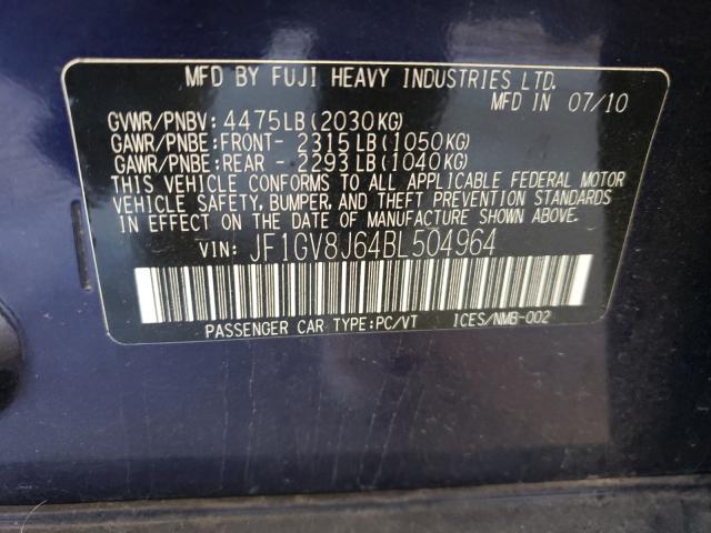 2011 SUBARU IMPREZA WR JF1GV8J64BL504964