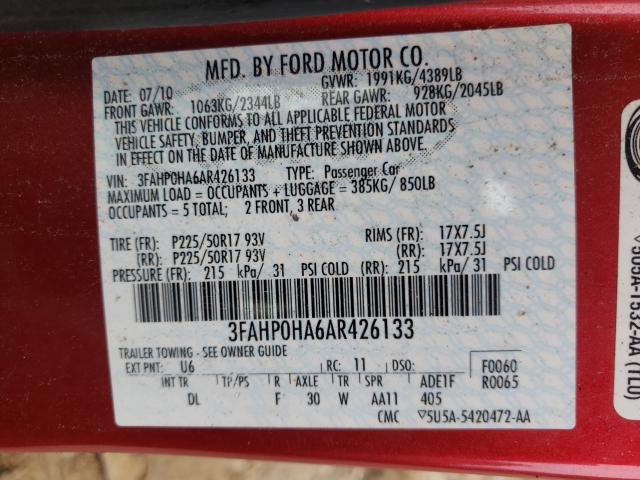 2010 FORD FUSION SE 3FAHP0HA6AR426133