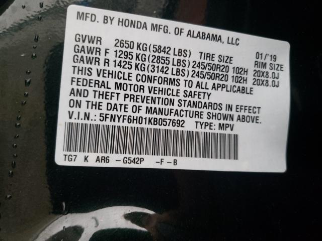 2019 HONDA PILOT ELIT 5FNYF6H01KB057692