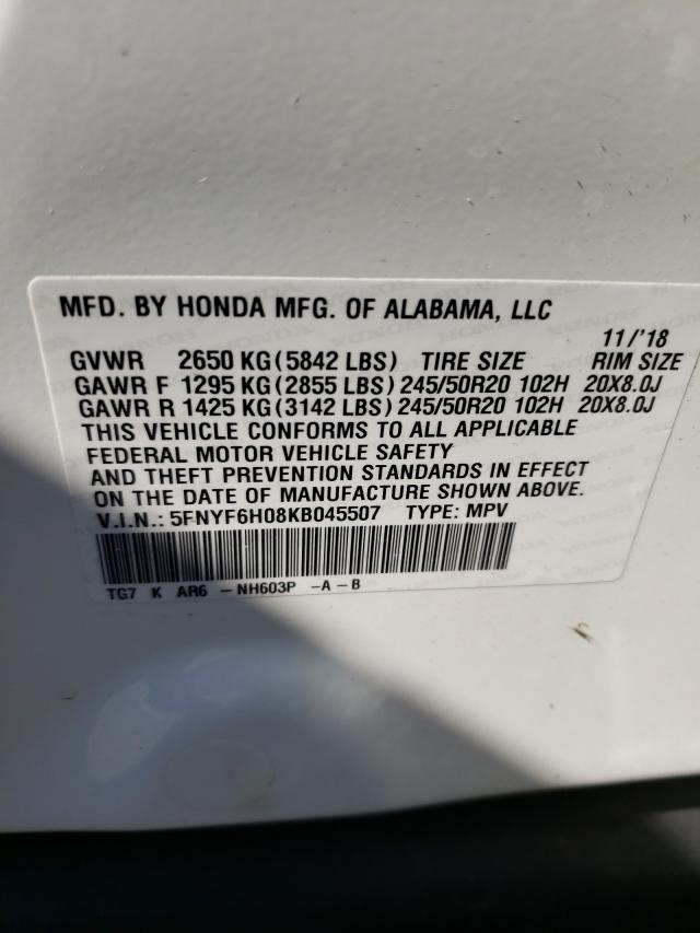 2019 HONDA PILOT ELIT 5FNYF6H08KB045507