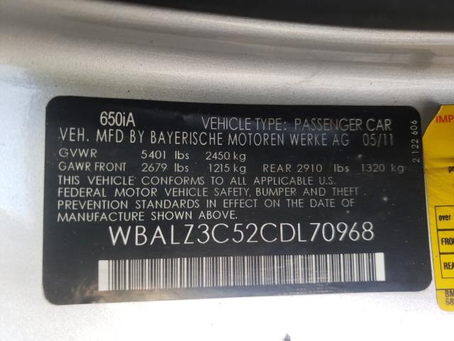 2012 BMW 650 I WBALZ3C52CDL70968