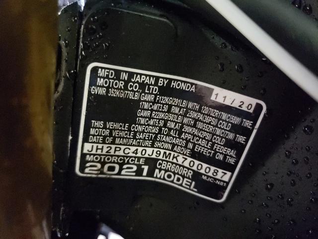 2021 HONDA CBR600 RA JH2PC40J9MK700087