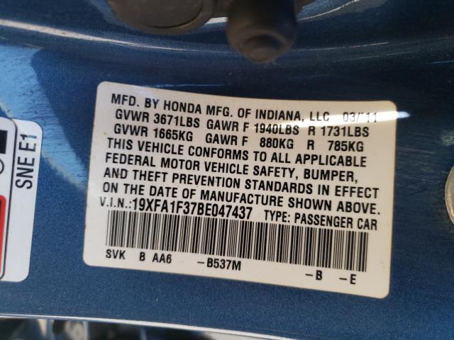 2011 HONDA CIVIC VP 19XFA1F37BE047437