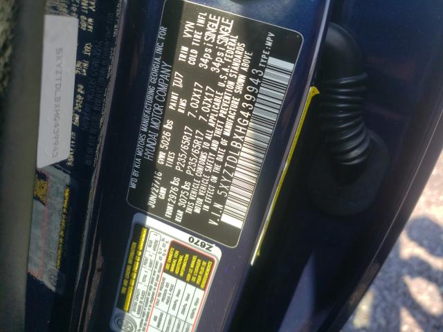 2017 HYUNDAI SANTA FE 5XYZTDLBXHG439943