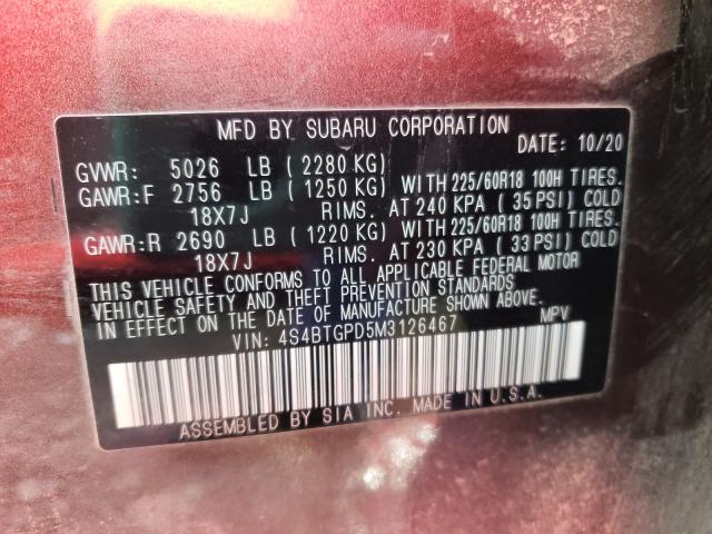 2021 SUBARU OUTBACK TO 4S4BTGPD5M3126467