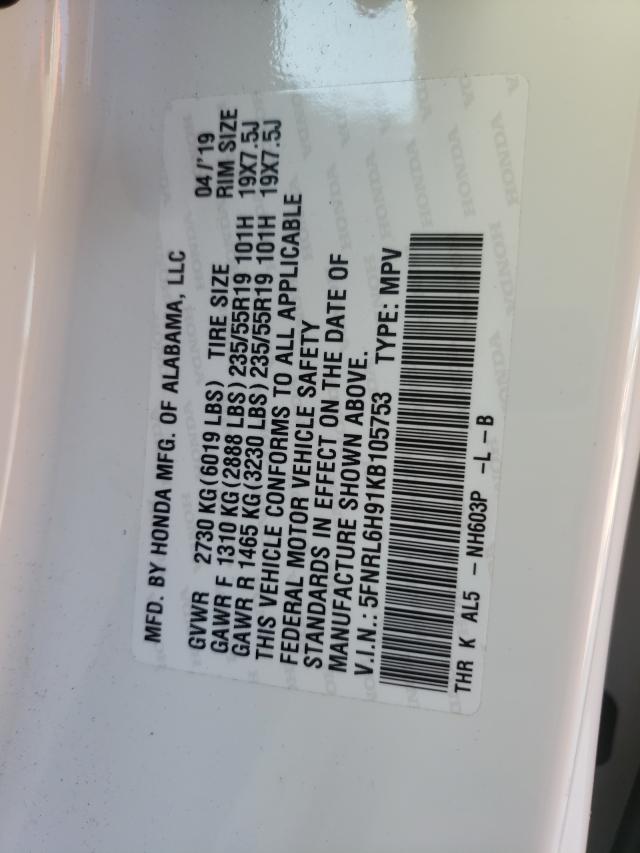 2019 HONDA ODYSSEY EL 5FNRL6H91KB105753