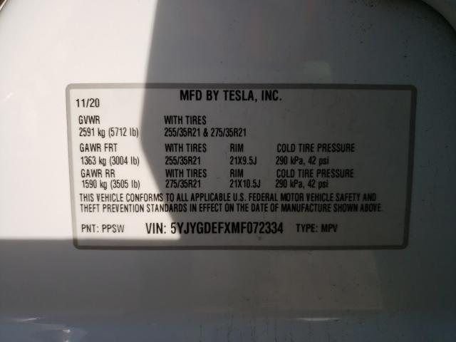 2021 TESLA MODEL Y 5YJYGDEFXMF072334