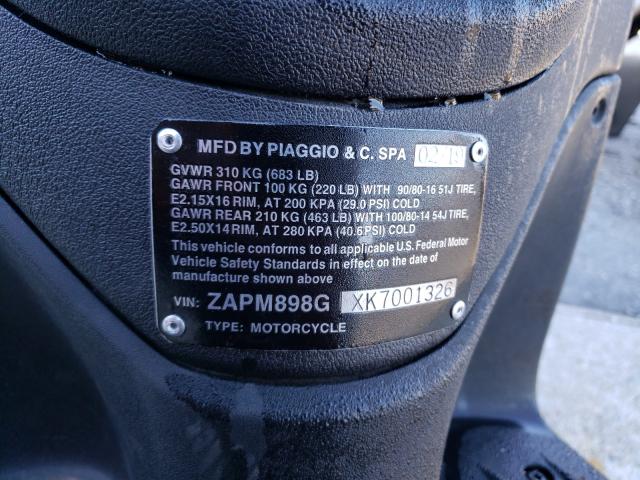 2019 PIAGGIO SCOOTER ZAPM898GXK7001326