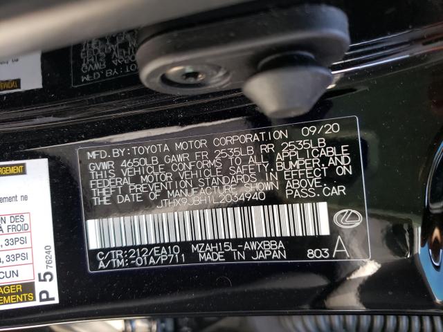 2020 LEXUS UX 250H JTHX9JBH1L2034940