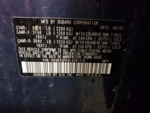 2020 SUBARU OUTBACK TO 4S4BTGPD4L3261115