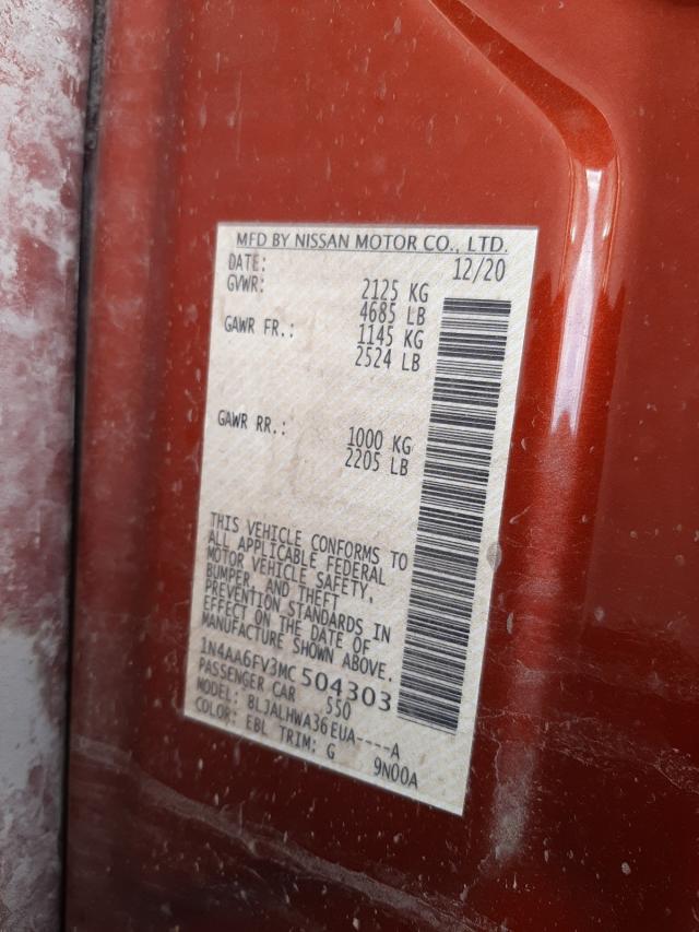 2021 NISSAN MAXIMA PLA 1N4AA6FV3MC504303