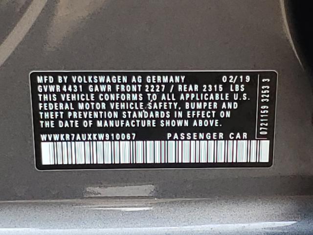2019 VOLKSWAGEN E-GOLF SE WVWKR7AUXKW910067