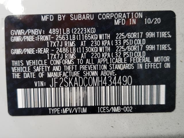 2021 SUBARU FORESTER JF2SKADC0MH434490