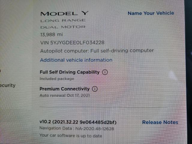 2020 TESLA MODEL Y 5YJYGDEE0LF034228