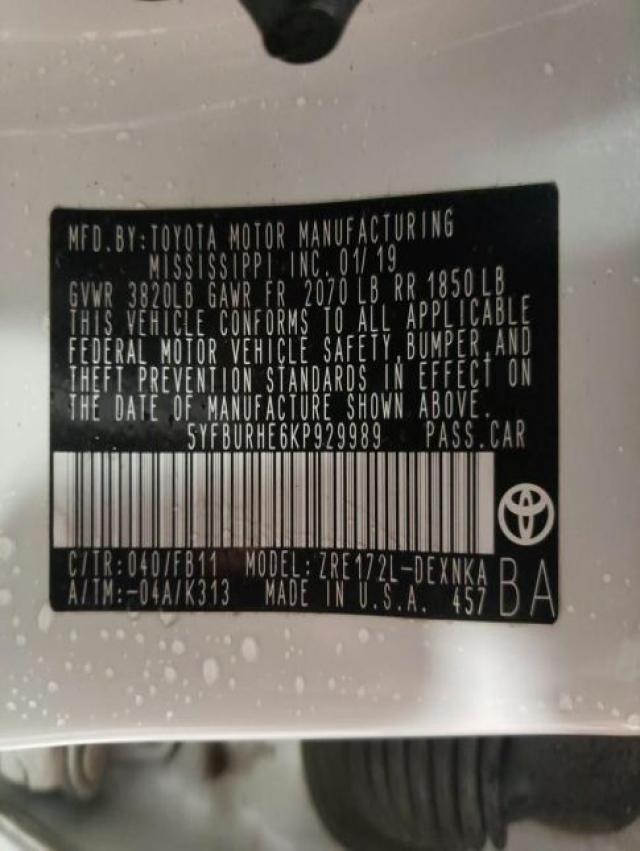 2019 TOYOTA CORILLA 5YFBURHE6KP929989